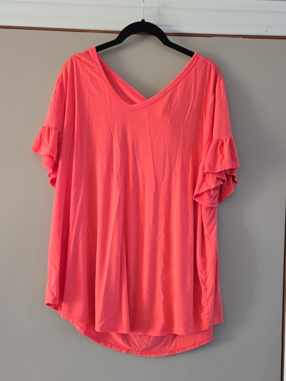 Emerald Coral Pink V-Neck Ruffle Sleeve Tunic